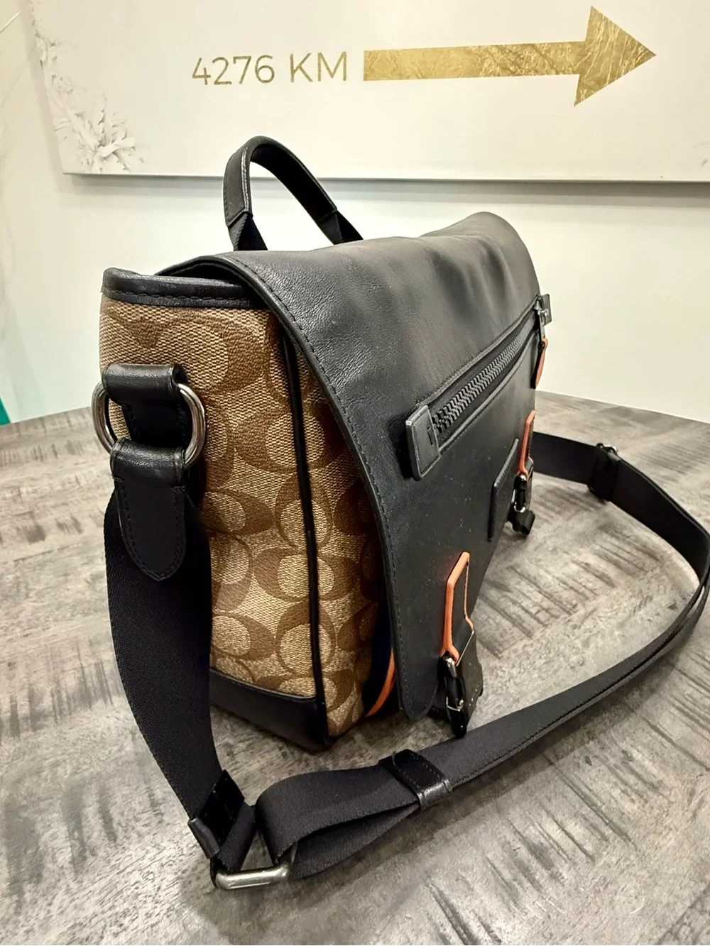 Coach Black Leather & Brown Signature Canvas Messenger Bag with Orange Accents